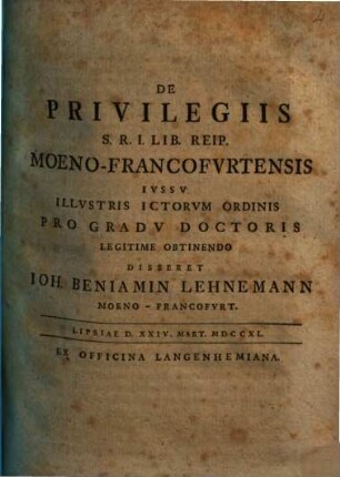 De privilegiis S. R. I. lib. reipublicae Moeno-Francofurtensis