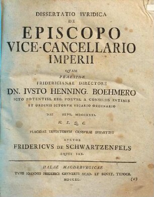 Dissertatio Ivridica De Episcopo Vice-Cancellario Imperii