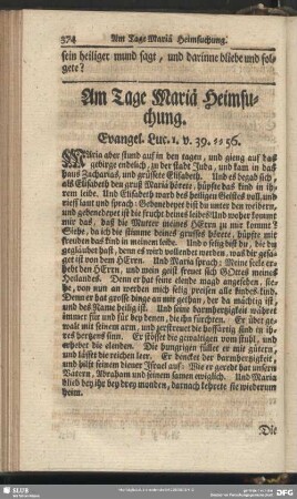Am Tage Mariä Heimsuchung. Evangel. Luc. 1. v. 39-56