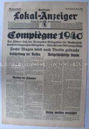 Tageszeitung "Berliner Lokal-Anzeiger" zur Übergabe der deutschen Waffenstillstandsbedingungen in Compiegne
