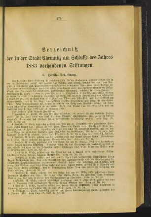 Verzeichniß der in der Stadt Chemnitz am Schlusse des Jahres 1883 vorhandenen Stiftungen