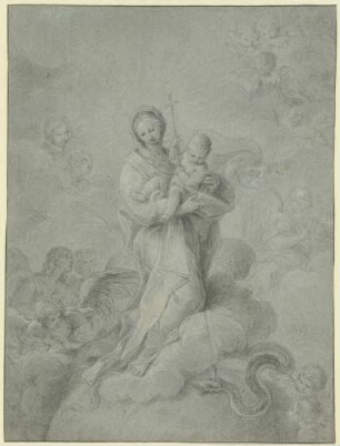 Maria mit dem Kind auf einer Wolke über die Schlange triumphierend (Maria Immaculata)