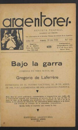1936010000: Bajo la garra : comedia en tres actos