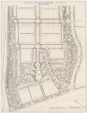 Erweiterung der Friedhöfe, Stolp: Grundriss (Belegungsplan) des nordwestlichen Teils (1.Bauabschnitt) der geplanten Erweiterung des Friedhofs mit Höhenlinien 1:250, Maßstabsleiste