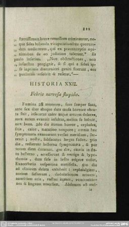 Historia XXII. Febris nervosa stupida