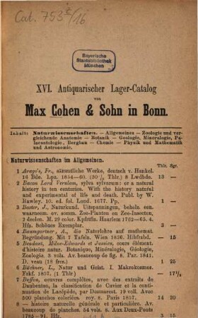 Antiquarischer Lager-Catalog von Max Cohen & Sohn (Fr. Cohen) in Bonn. 16. [ca. 1868]