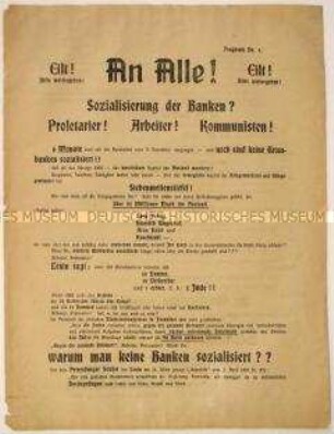 Antisemitisches programmatisches Flugblatt des Ausschusses für Volksaufklärung an die Arbeiter zur Sozialisierung der Großbanken