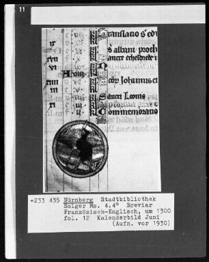 Breviar — Kalenderseite Juni mit Monatsbild, Folio 11verso