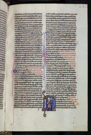 Historisierte Initiale (Psalm 52): D(ixit insipiens): Ein Torr oder gottloser Übeltäter mit Keule und Spiegel. Profilblattranken als Ablaufmotiv.