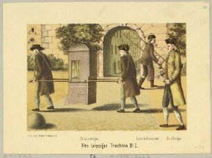 Leipziger Tracht - traditionelle Tracht zweier Chaisenträgers bei der Arbeit, eines Laternenanzünders und Briefträgers aus dem 18. Jahrhundert