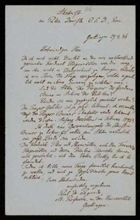 Nr. 1: Brief von Paul de Lagarde an Heinrich Denifle, in einer Abschrift von Anna de Lagarde, Göttingen, 29.4.1886