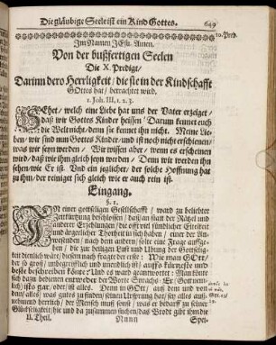 Die X. Predigt/ Darinn dero Herrligkeit/ die sie in der Kindschafft Gottes hat/ betrachtet wird.