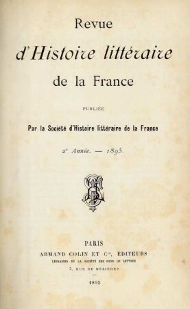 2e année (1895): Revue d'histoire littéraire de la France
