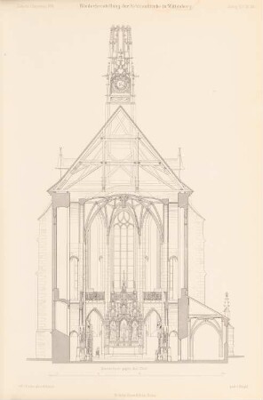 Schlosskirche, Wittenberg Wiederherstellung: Querschnitt gegen den Chor (aus: Atlas zur Zeitschrift für Bauwesen, hrsg. v. Ministerium der öffentlichen Arbeiten, Jg. 45, 1895)