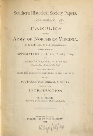 Southern Historical Society papers. 15. 1887