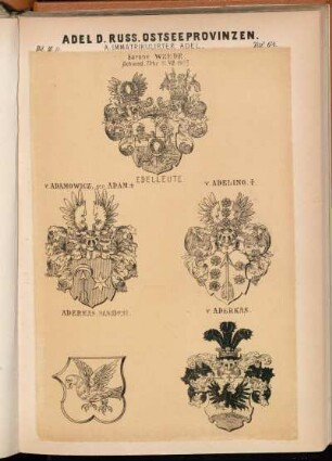 Taf. 64. Barone Wrede. Schwed. Frhr. 18.VIII.1653. - Edelleute v. Adamowicz, gen. Adam. †. - v. Adeling. †. - Aderkas, Hans) 1518. - v. Aderkas
