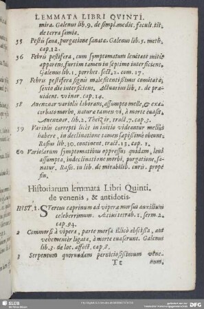 Historiarum lemmata Libri Quinti. de venenis, & antidotis