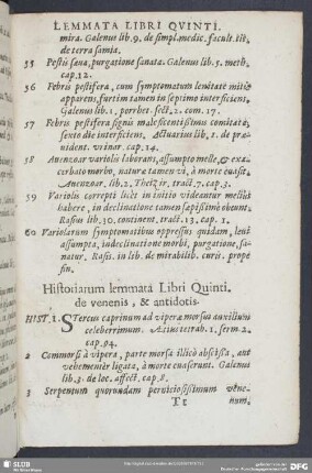 Historiarum lemmata Libri Quinti. de venenis, & antidotis