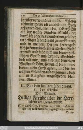 Die I. Andacht. Heilige Freude über die Herrlichkeit des Liebes-Mahls.