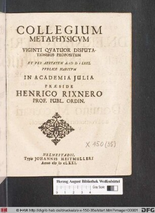 Collegium Metaphysicum : Viginti Quatuor Disputationibus