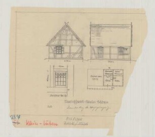Klein Lüben (Kreis Westprignitz): ungekannter Hof. Rauchhaus (Grundriss, Ansichten, Fensterdetail)