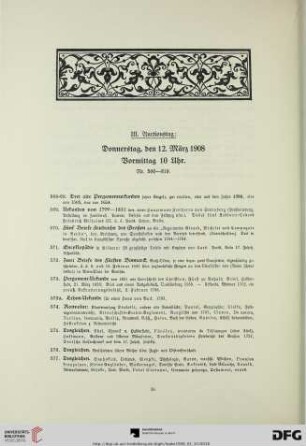 III. Auctionstag: Donnerstag, den 12. März 1908. Vormittag 10 Uhr (Nr. 566-819)