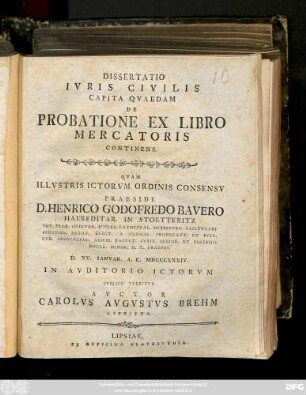 Dissertatio Ivris Civilis Capita Qvaedam De Probatione Ex Libro Mercatoris Continens