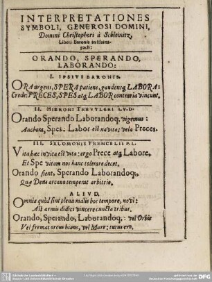 Interpretationes Symboli, Generosi Domini, Domini Christophori à Schleinitz, Liberi Baronis in Hainspach