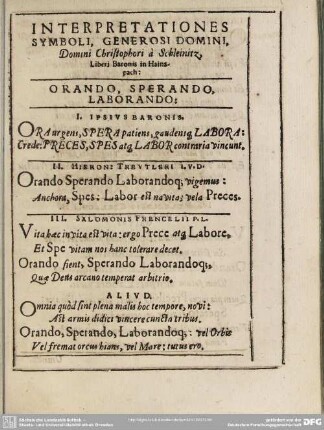 Interpretationes Symboli, Generosi Domini, Domini Christophori à Schleinitz, Liberi Baronis in Hainspach