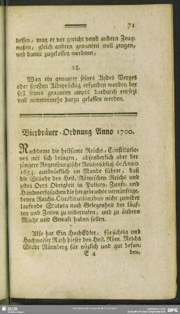 Bierbräuer-Ordnung Anno 1700