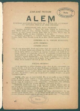 1920011400: Alem : episodio histórico político en 3 actos en 4 cuadros y 1 epílogo
