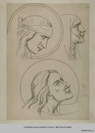 Kopf der Heiligen Maria Magdalena und der Salome (oben) und erneut der Maria Magdalena (von einem Fresko im Kapitelsaal von S. Francesco in Pisa)