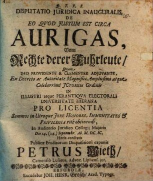 Disp. iur. inaug. de eo quod iustum est circa aurigas : vom Rechte d. Fahrleute