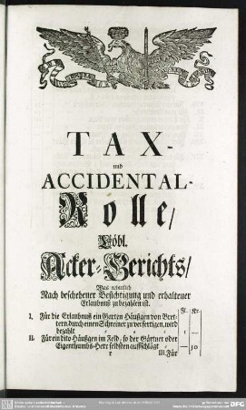 Tax- und Accidental-Rolle, Löbl. Acker-Gerichts, Was nehmlich Nach beschehener Besichtigung und erhaltener Erlaubnuß zu bezahlen ist