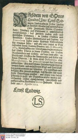 Landgraf Ernst Ludwig: Wiederholung der Verordnung vom 18. Dezember 1674 betreffend die Rangfolge zwischen Pfarrern, Rentmeistern und Kellern in den Städten und auf dem Lande