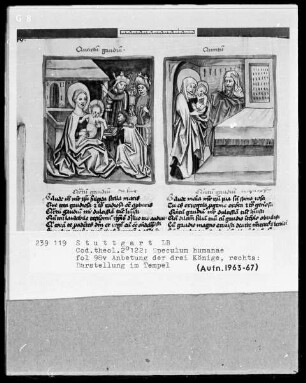 Zwei Schriften — Speculum humanae salvationis — Textseite mit zwei Miniaturen, Folio 98verso