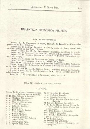 Biblioteca Histórica Filipina. Lista de suscriptores