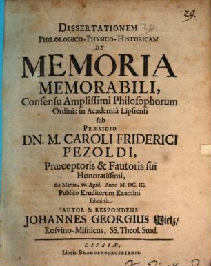 Dissertationem philologico-physico-historicam de memoria memorabili