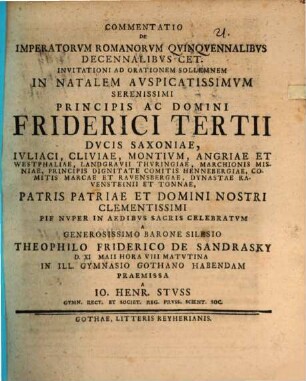 Commentatio de imperatorvm romanorvm qvinqvennalibvs decennalibvs cet.