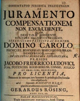 Dissertatio Juridica Inauguralis De Juramento Compensationem Non Excludente