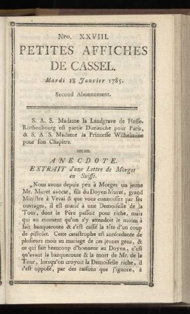 No XXVIII (Mardi 18 Janvier 1785)