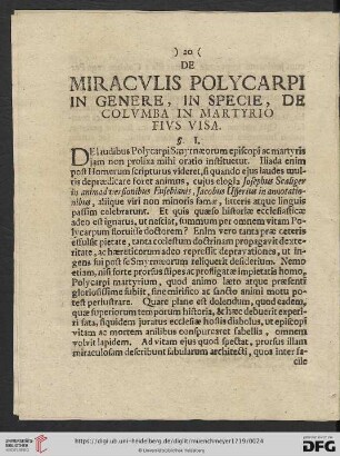 De miraculis polycarpi in genere, in specie, de columba in martyrio fius visa