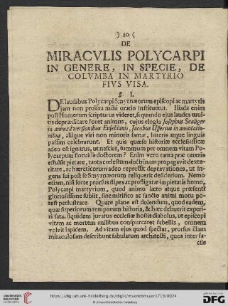 De miraculis polycarpi in genere, in specie, de columba in martyrio fius visa
