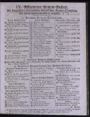 IX. Allgemeine Armen-Anstalt, mit beygefügter Eintheilung sämmtlicher Armen-Quartiere, und einem topographischen Register.
