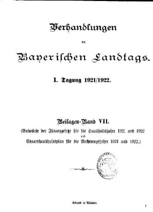 Verhandlungen des Bayerischen Landtags. Beilagen. 1921/22,7