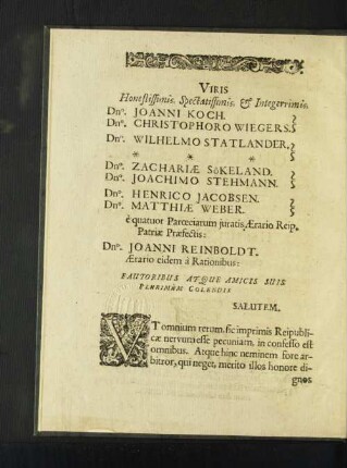 Viris ... Dno. Joanni Koch. Dno Christophoro Wiegers. ...
