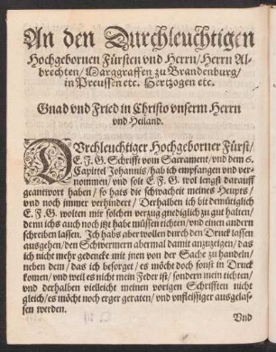 An den Durchleuchtigen ... Herrn Albrechten/ Marggraffen zu Brandenburg/ in Preussen ...