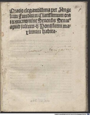 Oratio elegantissima : nomine Senensis Senat[us] apud iulium II. Pontificem maximum habita
