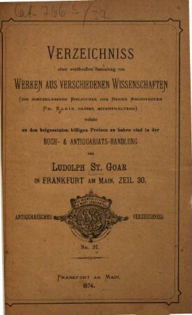 Antiquarisches Verzeichniss. 37. 1874