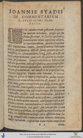 Ioannis Stadii In Commentarium L. Iulii Flori Praefatio